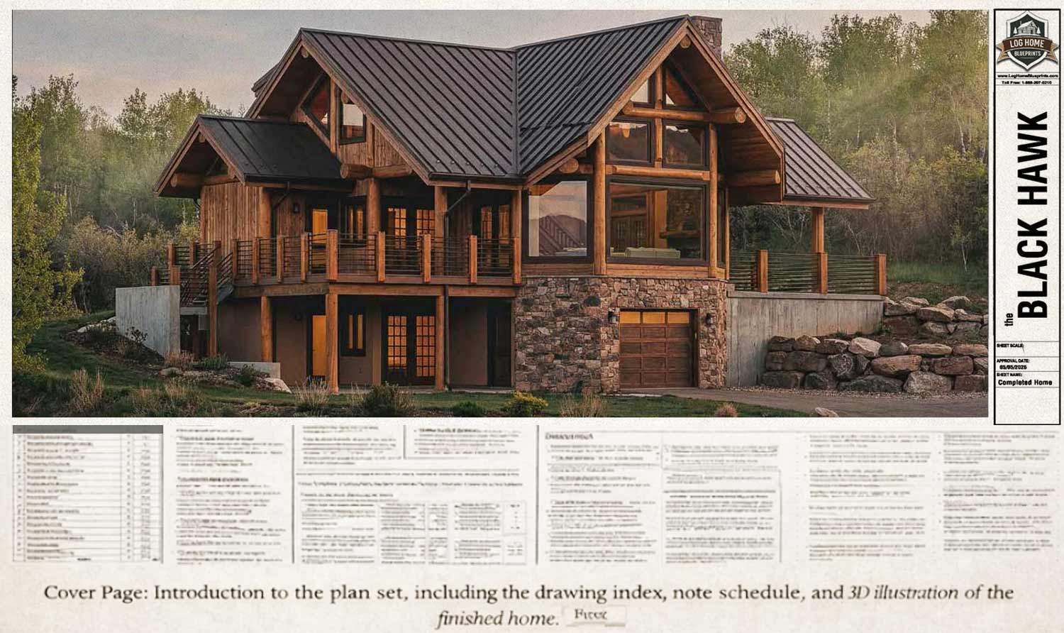 Log home exterior rendering showcasing a custom cabin design